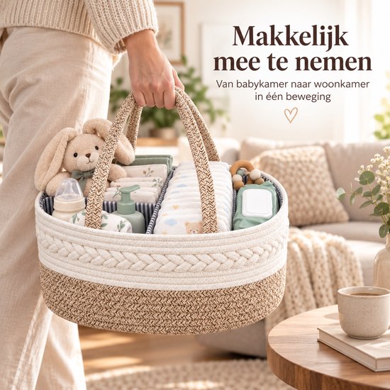 Luiermand voor Commode – Baby Organizer met Uitneembare Vakken – Commodemandje met Handvatten – 36 x 22 x 18 cm – Opbergmand voor Luiers, Doekjes & Babyverzorging – Beige