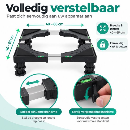 Wasmachine Verhoger Verstelbaar – Wasmachine Onderstel 40-65 cm – Hoogte 10-13 cm – Draagkracht 200 kg – Met Waterpas & Antislip – Voor Wasmachine, Droger en Koelkast