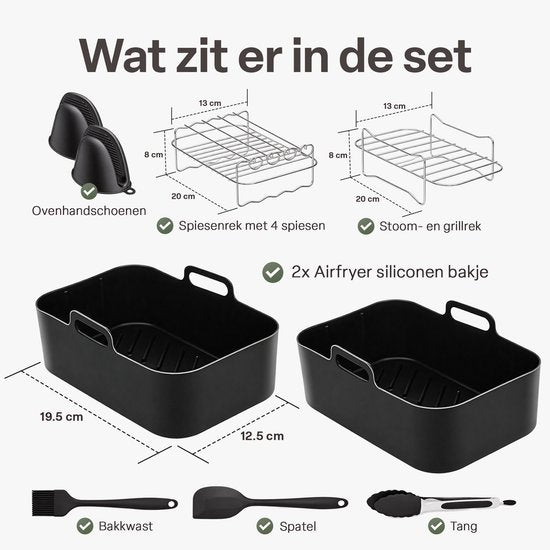 Airfryer Accessoireset 10-delig – Siliconen Bakjes, RVS Rekken, Spiesenrek, Tang, Spatel & Bakkwast – Geschikt voor Dual Zone Airfryer 7-10L – Vaatwasserbestendig & Hittebestendig 230°C