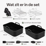 Airfryer Accessoireset 10-delig – Siliconen Bakjes, RVS Rekken, Spiesenrek, Tang, Spatel & Bakkwast – Geschikt voor Dual Zone Airfryer 7-10L – Vaatwasserbestendig & Hittebestendig 230°C