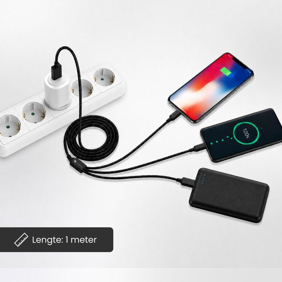 FLOKOO 3-in-1 USB Kabel – 1 meter – Snelladen & Dataoverdracht – USB naar USB-C - Micro-USB - Lightning – Nylon Gevlochten – Zwart - Oplaadkabel Telefoon