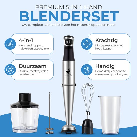 NovaWare Staafmixer Set 6-in-1 – 1100W - Met Hakmolen, Garde, Melkopschuimer & Maatbeker – RVS