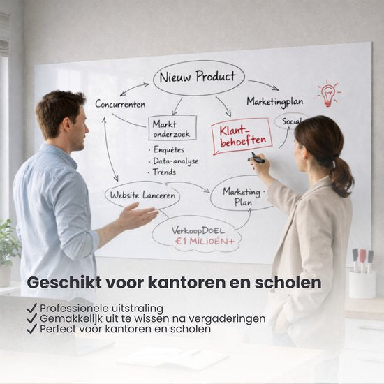 FLOKOO Whiteboard Sticker XL Zelfklevend (200 x 45 cm) met 4 Stiften met Wisser - Whiteboard Folie - Beschrijfbare Muursticker - Whiteboardsticker - Whiteboardfolie - Schoolbord Folie - Memobord Folie