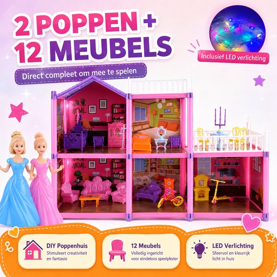 DMG Supply Groot Poppenhuis - Hoog - Meerdere Verdiepingen - Poppen - Meubels