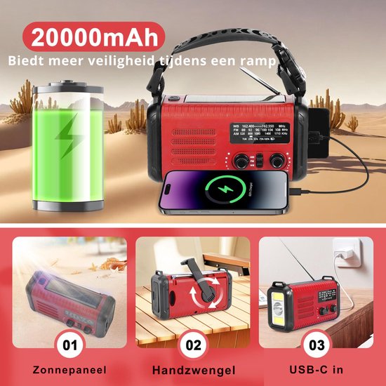 NovaWare NoodRadio Solar Opwindbaar - FM-AM - Powerbank Zonneenergie met 20.000mAh - Survival Noodpakket - Draagbare Radio op batterijen – Rood