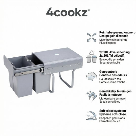 4cookz® Inbouw Prullenbak Duo 2 bakken Afvalscheiding 2x 20 liter - 34 cm breed