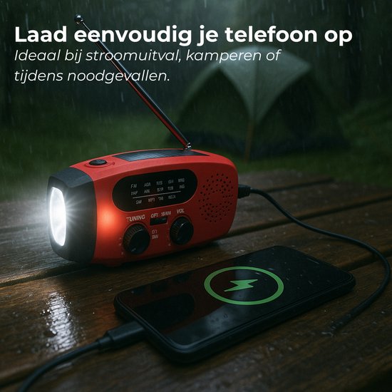NOVIFY Noodradio - Oplaadbare Radio met Powerbank en Zaklamp - AM/FM - USB-C Kabel - Opladen via Zon, USB & Crank - Survival Radio voor Noodsituaties en Avontuur
