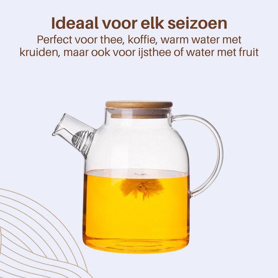GREENKY® Glazen theepot met filter en bamboe deksel- Theekan - Duurzaam - Filter - Theehouder - Theeglas - Fruitkan - Schenkkan - Teapot - 1,6Liter - 1600ml