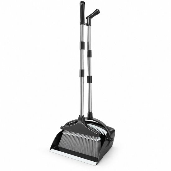 Bezem met Stofblik en Lange Steel – Bezem en Blik Set – Telescopisch & Zelfreinigend – Staande Stoffer en Blik – Voor Haren, Stof en Kruimels – Zwart