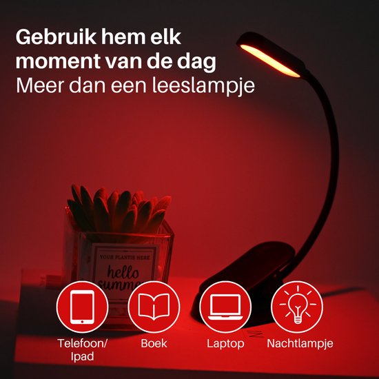 Roodlicht Leeslampje - Stimuleert Melatonine en Bioritme voor Betere Slaap - Klemlamp voor in Bed - Leeslampje voor Boek - Rood Licht Lamp