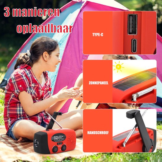 NovaWare Noodradio Solar Opwindbaar - Powerbank Zonneenergie met 5000mAh - FM-AM - Noodpakket - Draagbare Radio – Batterij - Rood