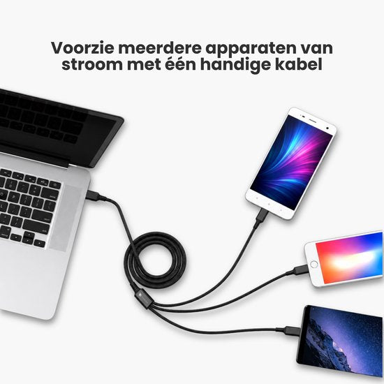 FLOKOO 3-in-1 USB Kabel – 1 meter – Snelladen & Dataoverdracht – USB naar USB-C - Micro-USB - Lightning – Nylon Gevlochten – Zwart - Oplaadkabel Telefoon
