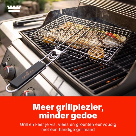 Grillmand BBQ – RVS Barbecue Grillmand met Deksel – 31 x 24,2 cm – Met 2 Uitneembare Verdelers – Afneembaar Handvat – Voor Vis, Vlees & Groenten