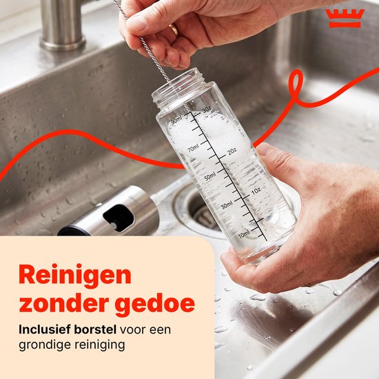 Oliespray Fles 90 ml – Olijfolie Spray met Fijne Nevel – Olieverstuiver met Maatverdeling – Inclusief Trechter, Reinigingsborstel & Siliconen Bakkwast – Voor Airfryer, BBQ en Salade
