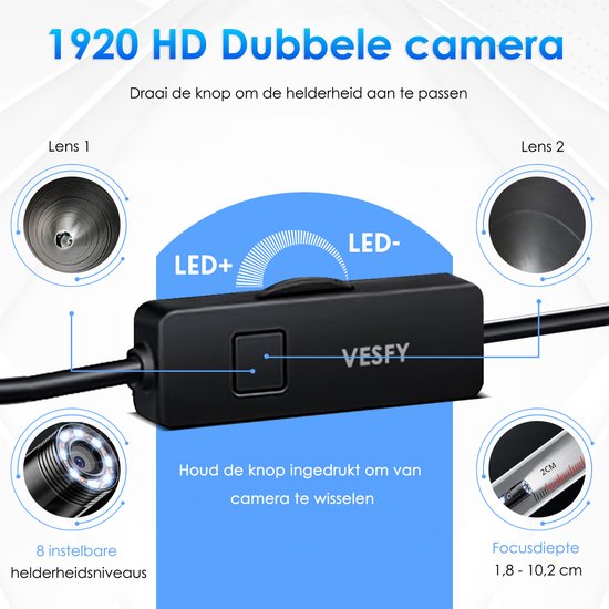 Vesfy Inspectiecamera Met App en Dubbele Camera - Verlichting - 5 Meter - 1920P HD - Android-IOS - IP67 Waterdicht - Endoscoop