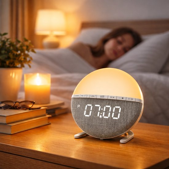 Wake Up Light Wekker – Sunrise Lichtwekker met Nachtlamp – Digitale Alarmklok met Snooze – Dimbare Nachtlamp & Zonsopgang Simulator – Oplaadbare Wekker Slaapkamer – 12-24h LED Klok
