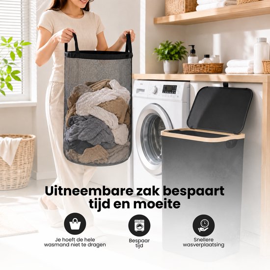 Wasmand met Deksel – Opvouwbare Wasmand – Wasbox 100L – Wassorteerder met Binnenzak – Zwart – Voor Badkamer, Slaapkamer en Wasruimte