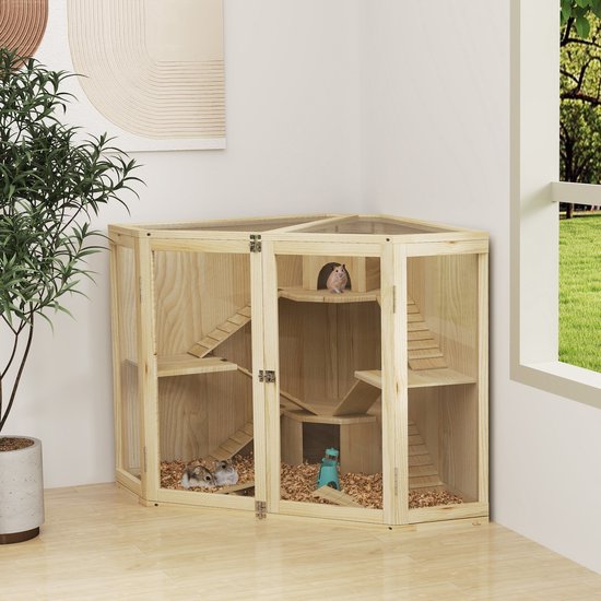 Hamsterkooi 4-Laags met Wip Loopplank en Hutjes - 69x115x79 cm - Hout