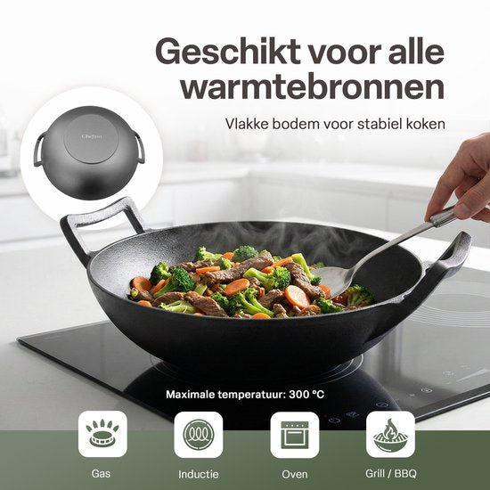 Gietijzeren Wok Ø36 cm met Houten Deksel – Wokpan Gietijzer voor Inductie, Gas, Oven & BBQ – Pre-seasoned – Grote Wokpan met Handgrepen – Professionele Wok