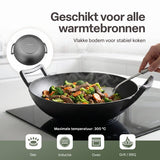 Gietijzeren Wok Ø36 cm met Houten Deksel – Wokpan Gietijzer voor Inductie, Gas, Oven & BBQ – Pre-seasoned – Grote Wokpan met Handgrepen – Professionele Wok