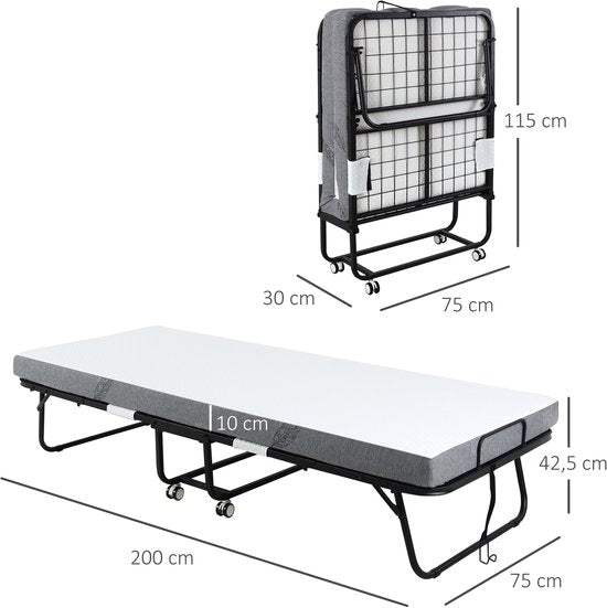 Opklapbaar bed 1 persoons met wielen verstelbaar, tot 150 kg, wit + zwart, 200 x 75 x 42,5 cm | Aosom.nl