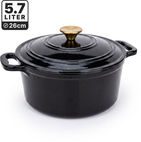 Gietijzeren Braadpan met Deksel – 26 cm – 5,7 Liter – Geëmailleerde Stoofpan – Geschikt voor Inductie, Gas, Elektrisch en Oven – Zwart