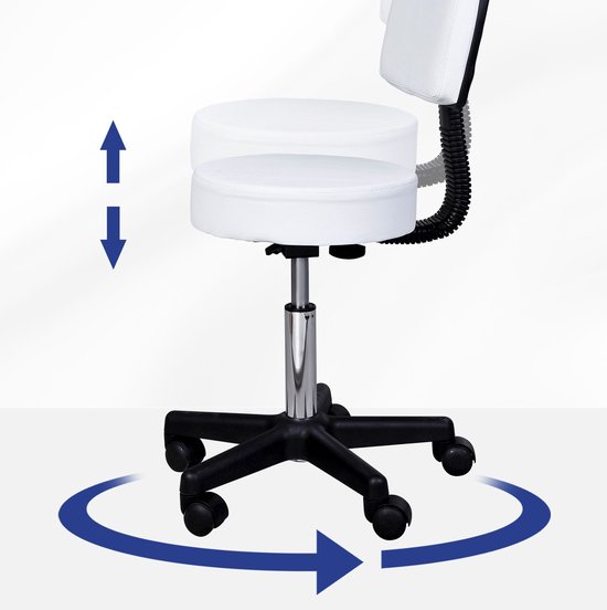 Ergonomische Rolkruk met Rugleuning in Hoogte Verstelbaar - Wit