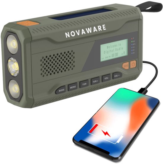 NovaWare® Noodradio Solar Opwindbaar - Powerbank Zonneenergie met 4500mAh - DAB+-FM - Noodpakket - Bluetooth speaker - Draagbare Radio - Groen