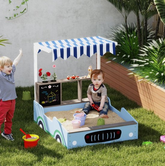 4goodz Zandbak met zitbank, tafel en zonnedak 104x90x108 cm - Blauw