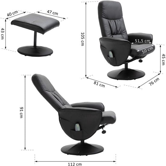 Relaxfauteuil met Massagestoel met voetenbank Kunstleer - Zwart