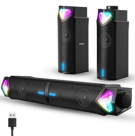 Vesfy 2-in-1 Soundbar & PC Speakers - Bluetooth 5.3 - RGB Verlichting - HiFi Stereo - Geschikt voor PC, Laptop & Monitor - Gaming & Muziek