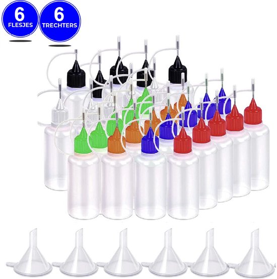 24ME® - Set van 6 Navulbare Lijmflesjes met Naaldpunt Incl. 6 Trechters - 5ML