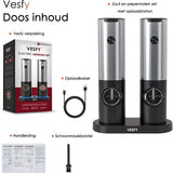 Vesfy Elektrische Peper en Zoutmolen Set - USB Oplaadbaar met Laadstation - XXL - Instelbare Maalgraad - LED Licht - BBQ Accessoires - Pepermolen
