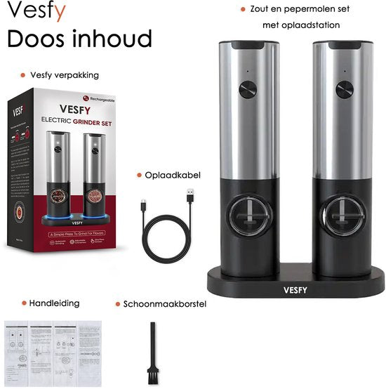 Vesfy Elektrische Peper en Zoutmolen Set - USB Oplaadbaar met Laadstation - XXL - Instelbare Maalgraad - LED Licht - BBQ Accessoires - Pepermolen