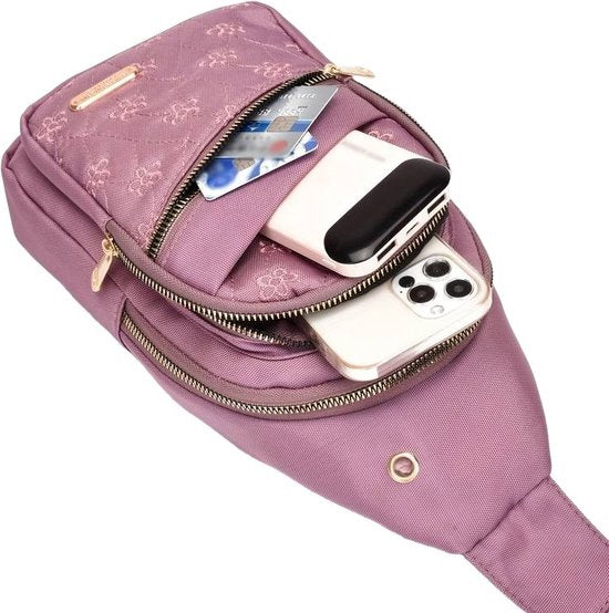 Sasemy - Borsttas Sling Bag Voor Dames - Sling Bag - 2 rits-vakken - Dames - Heren - Roze - Bloemen print #9 - 30 x 16 x 6 - Reistas- Schoudertas - Rugzak - Crossbody bag - Moederdag Cadeau - Verjaardag Cadeau - Sinterklaas Cadeau - Kerst Cadeau