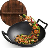 Gietijzeren Wok Ø36 cm met Houten Deksel – Wokpan Gietijzer voor Inductie, Gas, Oven & BBQ – Pre-seasoned – Grote Wokpan met Handgrepen – Professionele Wok