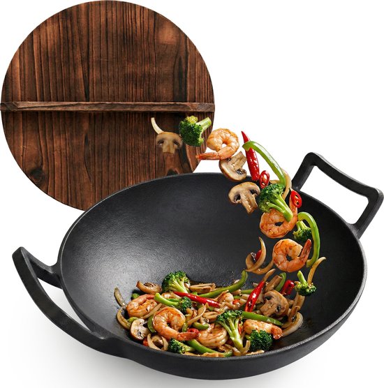 Gietijzeren Wok Ø36 cm met Houten Deksel – Wokpan Gietijzer voor Inductie, Gas, Oven & BBQ – Pre-seasoned – Grote Wokpan met Handgrepen – Professionele Wok