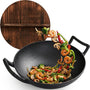 Gietijzeren Wok Ø36 cm met Houten Deksel – Wokpan Gietijzer voor Inductie, Gas, Oven & BBQ – Pre-seasoned – Grote Wokpan met Handgrepen – Professionele Wok