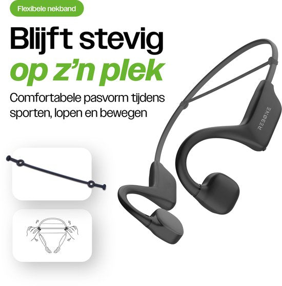 REBØNE® Core Bone Conduction Headphone – Draadloze oordopjes - Sport Oortjes Draadloos – Open Ear Hardloop Oordopjes – Bluetooth – 9 uur speeltijd – IPX5 – Zwart