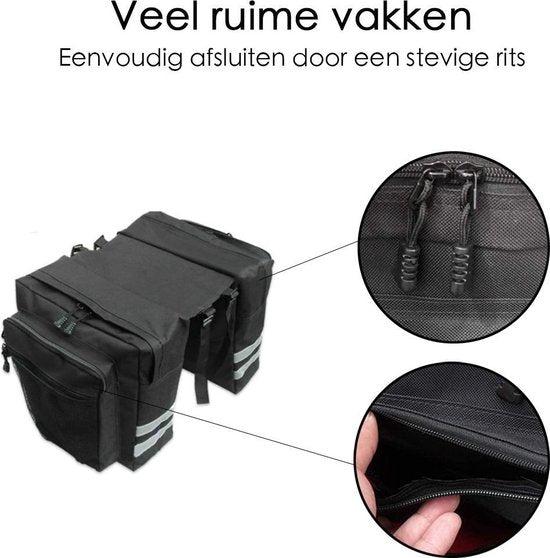 Fietstas Zwart - Medium Formaat - 2 Opbergzakken - Veel opbergruimte - Dubbele Zakken - Eenvoudige Installatie - Met Rits om Volledig af te sluiten - Fietstassen Dubbel