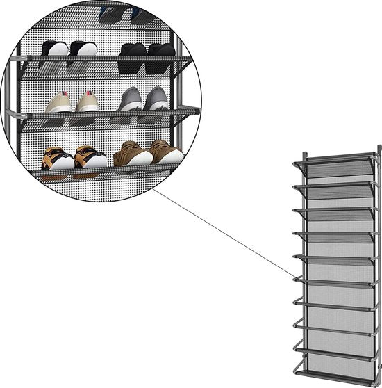Schoenenrek Hangend - 10 Laags - Zwart - Zilver - Hangende Schoenenkast voor aan Deur - Opbergsysteem voor Schoenen