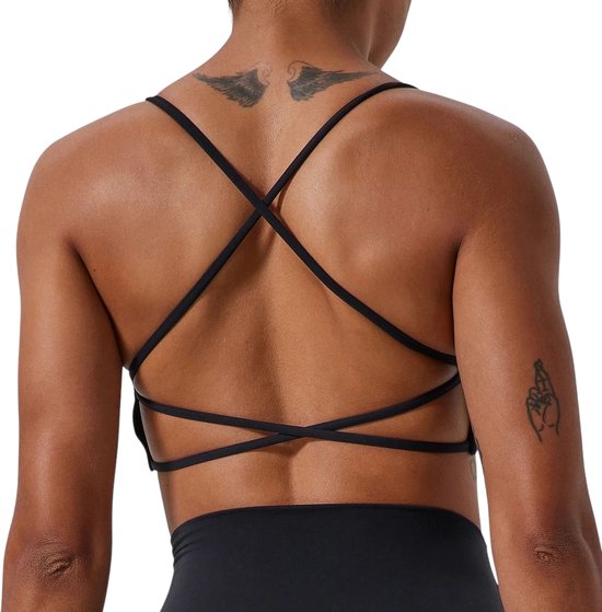 SparkNine Vivavee sport-bh - stijlvolle bra - gedraaide knoop - kruislingsbandjes - S - zwart - V-hals - medium ondersteuning - verwijderbare vulling