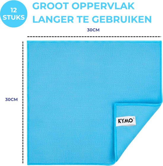 Kymo Blauwe Microvezeldoekjes - 12 Stuks 30 x 30 cm - Wasbaar - Schoonmaakdoekjes - Schoonmaak Auto - Stoomreiniger - Tapijtreiniger