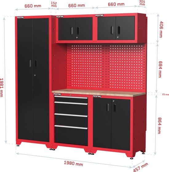 Feistos Gereedschapswand Hoog Juno 2- 46x198x198 cm - Zwart/Rood