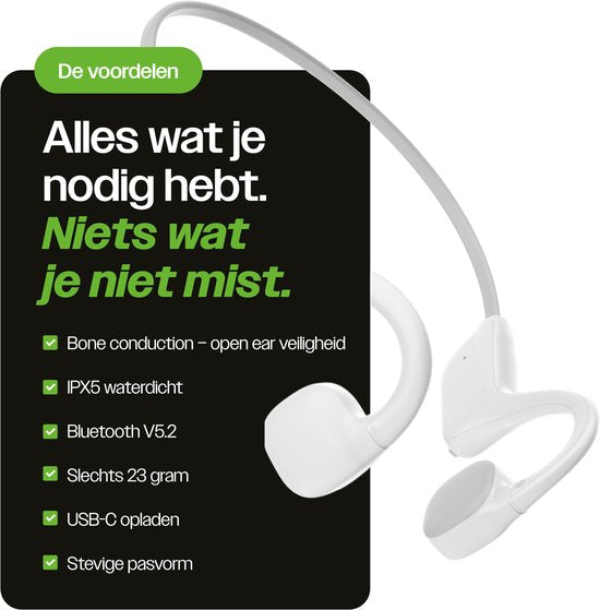 REBØNE® Core Bone Conduction Headphone – Sport Oortjes Draadloos – Open Ear Hardloop Oordopjes – Bluetooth – 9 uur speeltijd – IPX5 – Wit