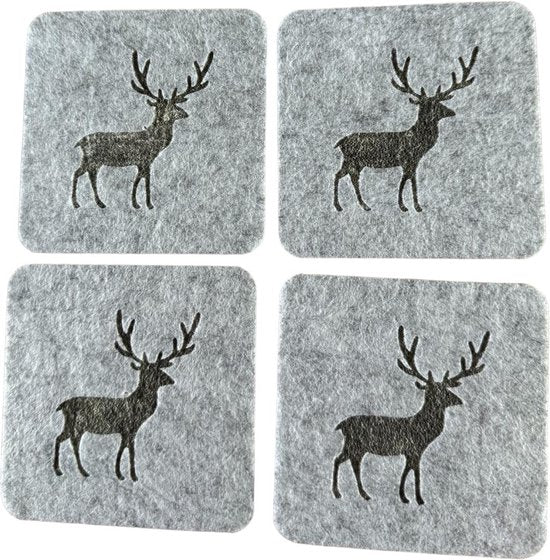 Onderzetters - Grijs met Eland - 4 stuks - Vilt - Dubbelzijdig - Tafelbeschermer - Onderzetters voor Glazen