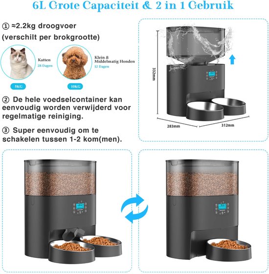 Automatische Voerbak - Kat en Hond - 2-in-1 Voerautomaat - Voerautomaat - Voice Recorder & Timer - Smart App Besturing - Voerdispenser - 6L - Zwart - Honeyguardian