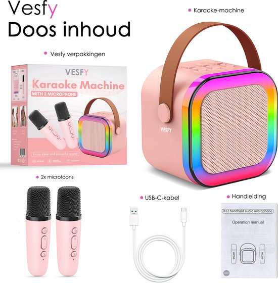 Vesfy Karaoke Set - Draadloze microfoon met Bluetooth 5.0 en LED verlichting