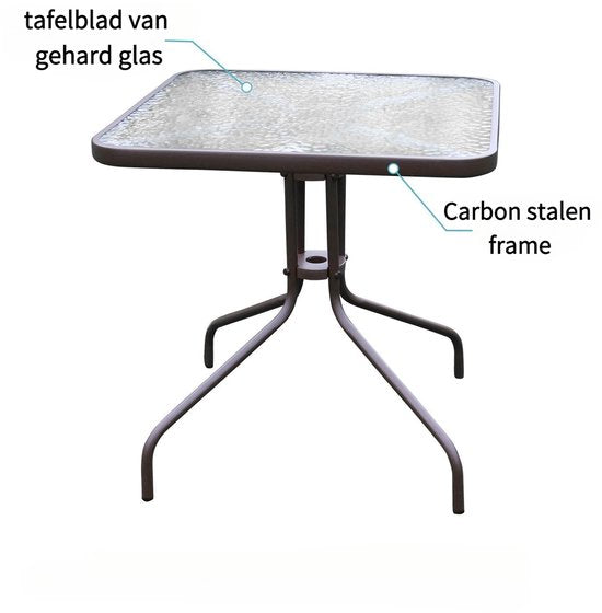 Vierkante Glazen Tuintafel – 60x60x70 cm – Gehard Glas – Stabiel Stalen Frame – Weerbestendig – Zwarte Bistrotafel voor Tuin, Balkon & Terras