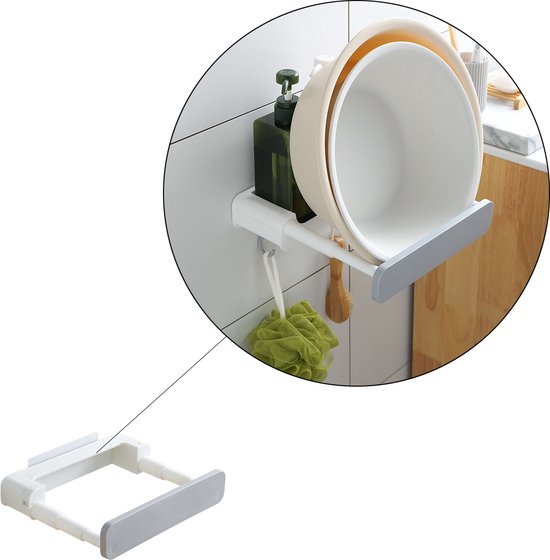 Badkamerrek Uitschuifbaar - Zelfklevend - 25 x 20 x 5 cm - Wit - Grijs - Handdoekrekje - Badkamer Organizer - Ruimte Besparende Opberger